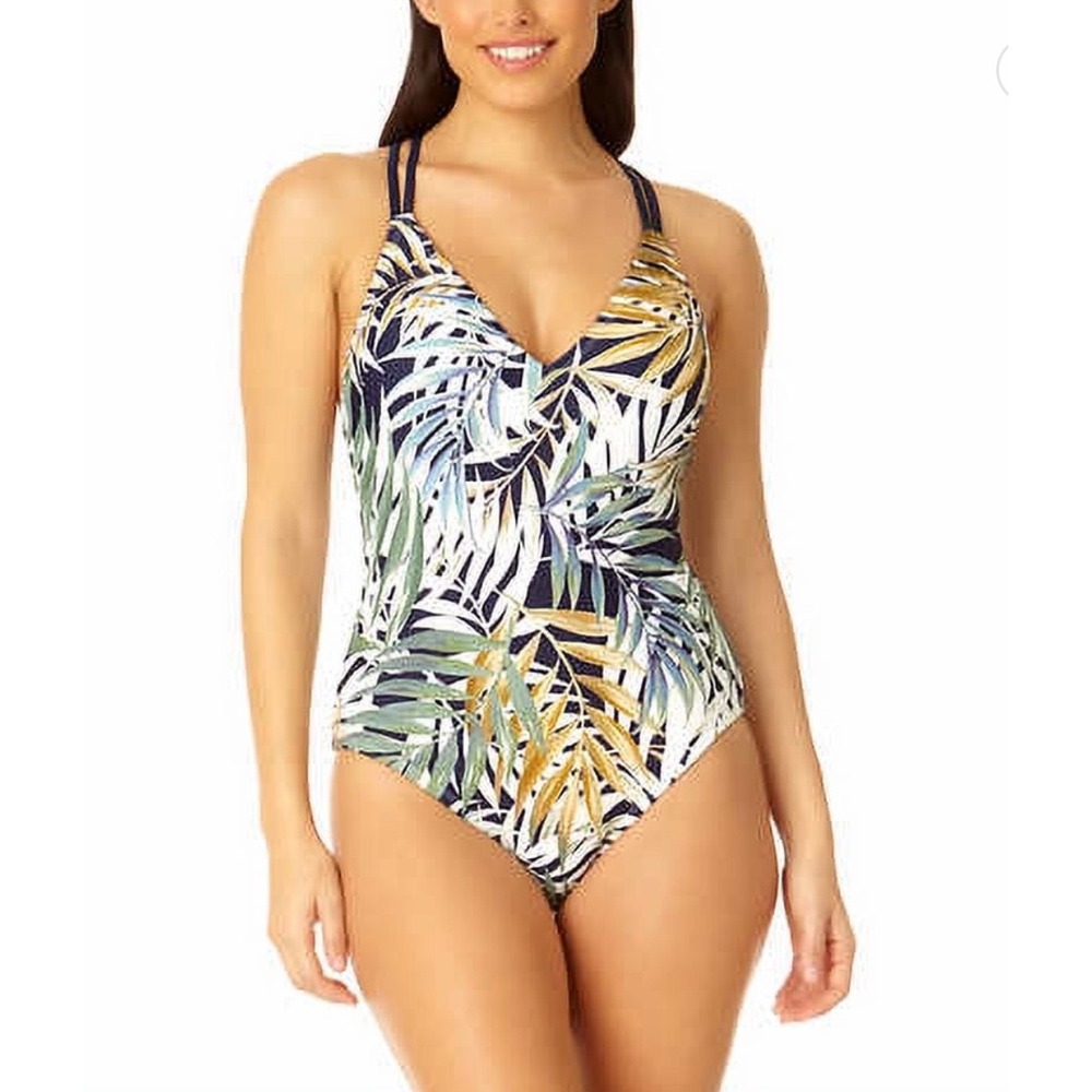 Hurley One Piece Swimsuit Womens XXL UPF 50+ Navy Blue Tropical Leaf Crossback